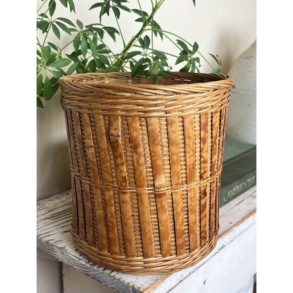 Vintage Burnt Bamboo Wicker Waste Basket / Planter 8.25” x 8” Boho Chic - Picture 3 of 10